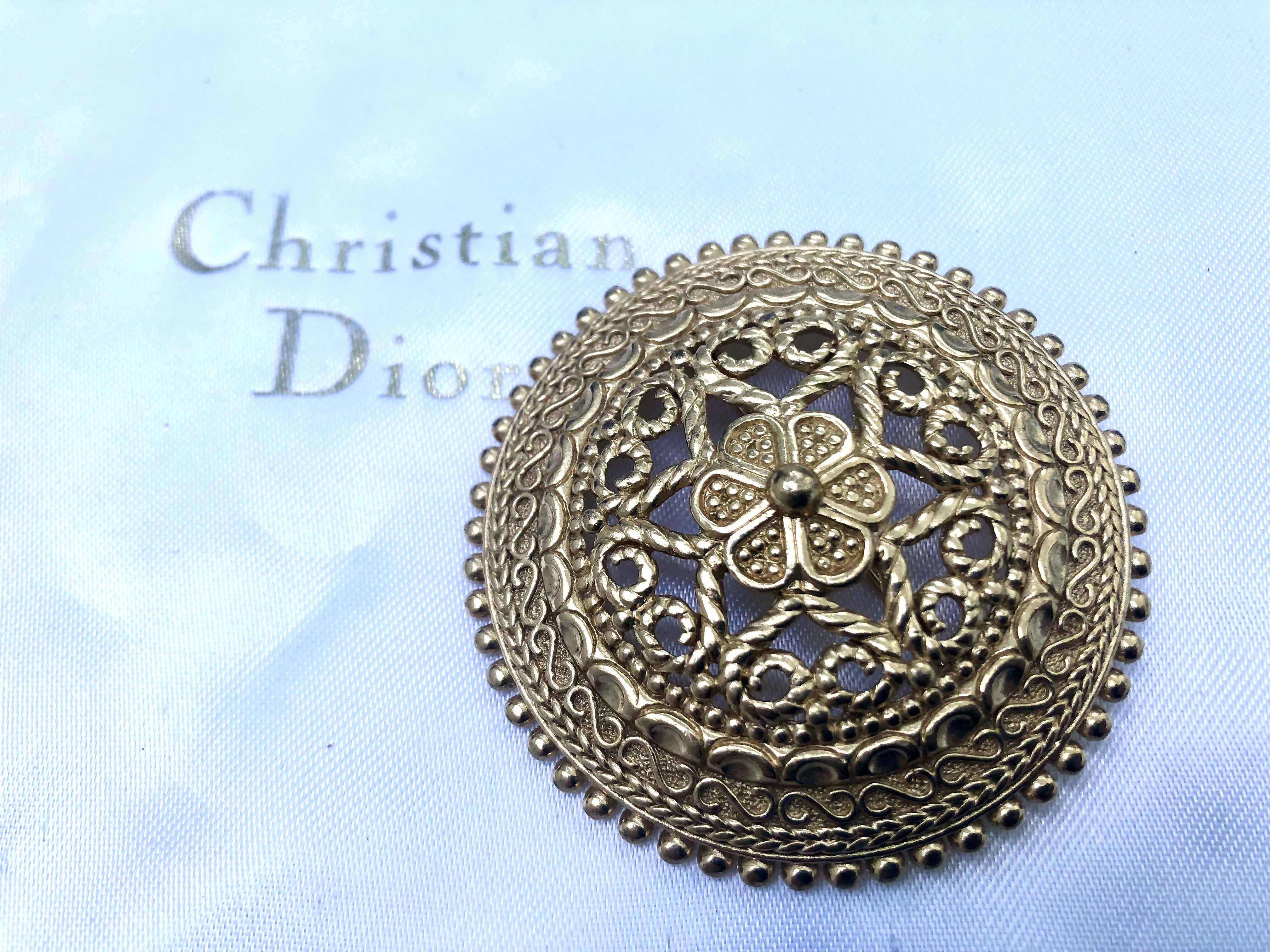 Vintage Christian Dior Gold Plated Filigree Style Brooch