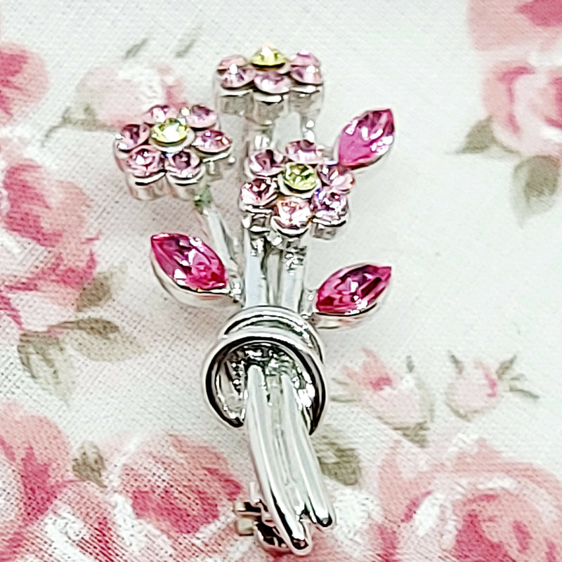 Silver Tone Pink & Green Paste Floral Brooch