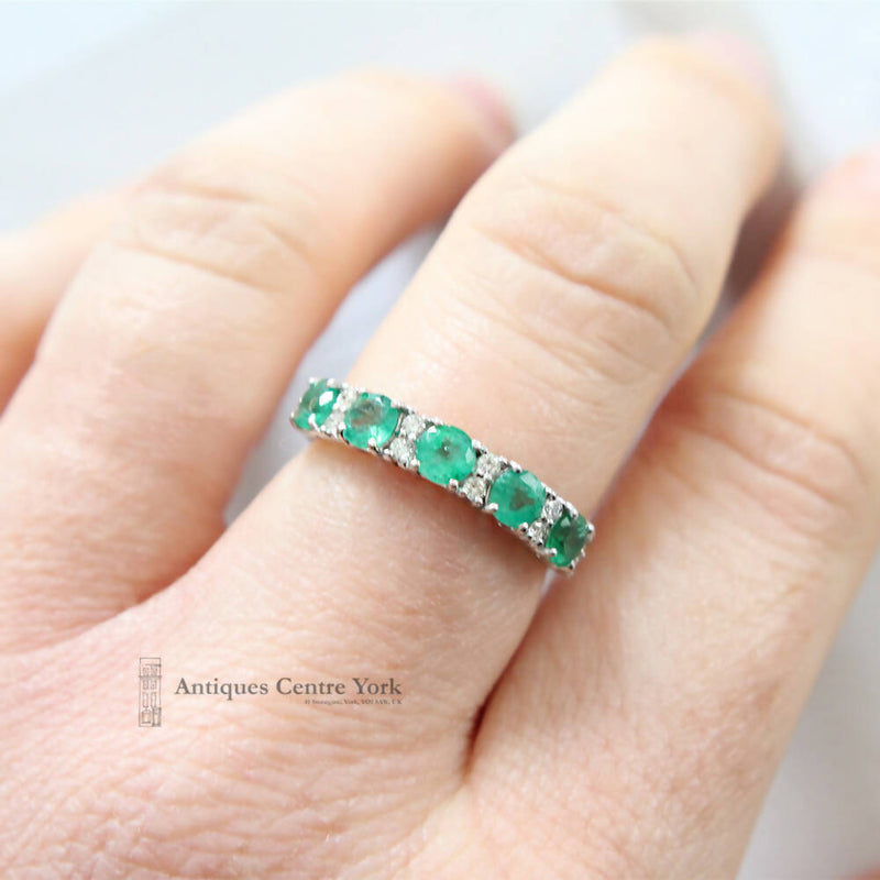 14ct White Gold Emerald & Diamond Half Eternity Ring