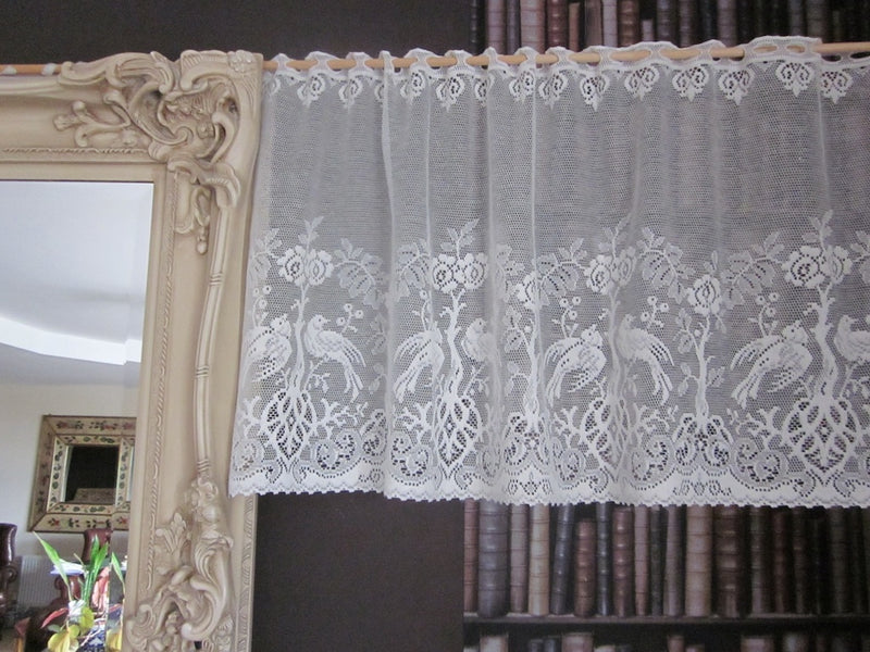 Shabby Chic "Doves" Country Cottage Cotton Valance Lace Panelling in white cotton lace 12" off roll per metre