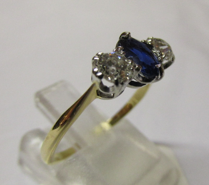 18ct Yellow Gold Diamond and Sapphire 3 Stone Ring Size O