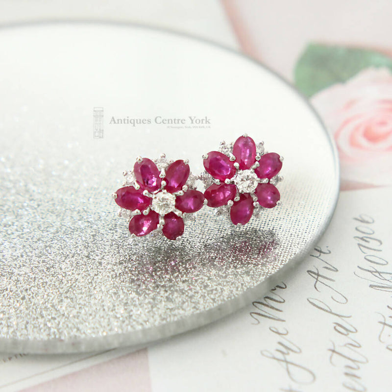 Large 18ct White Gold Ruby & Diamond Cluster Earrings