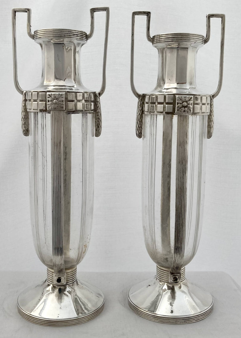 Pair of Art Deco WMF silver plated and glass vases.