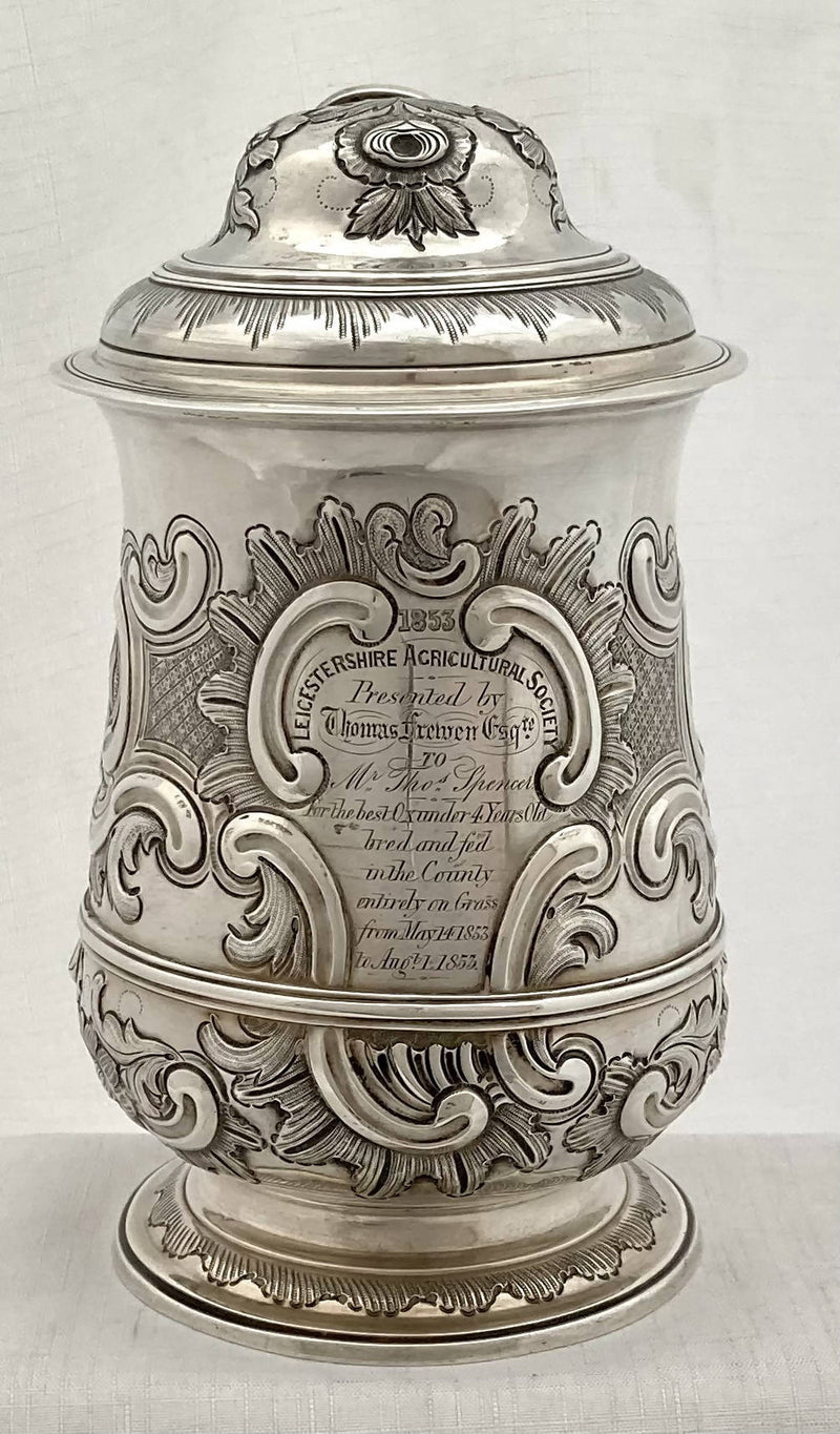Georgian, George II, silver lidded tankard. London 1759 Robert Albin Cox. 24 troy ounces.