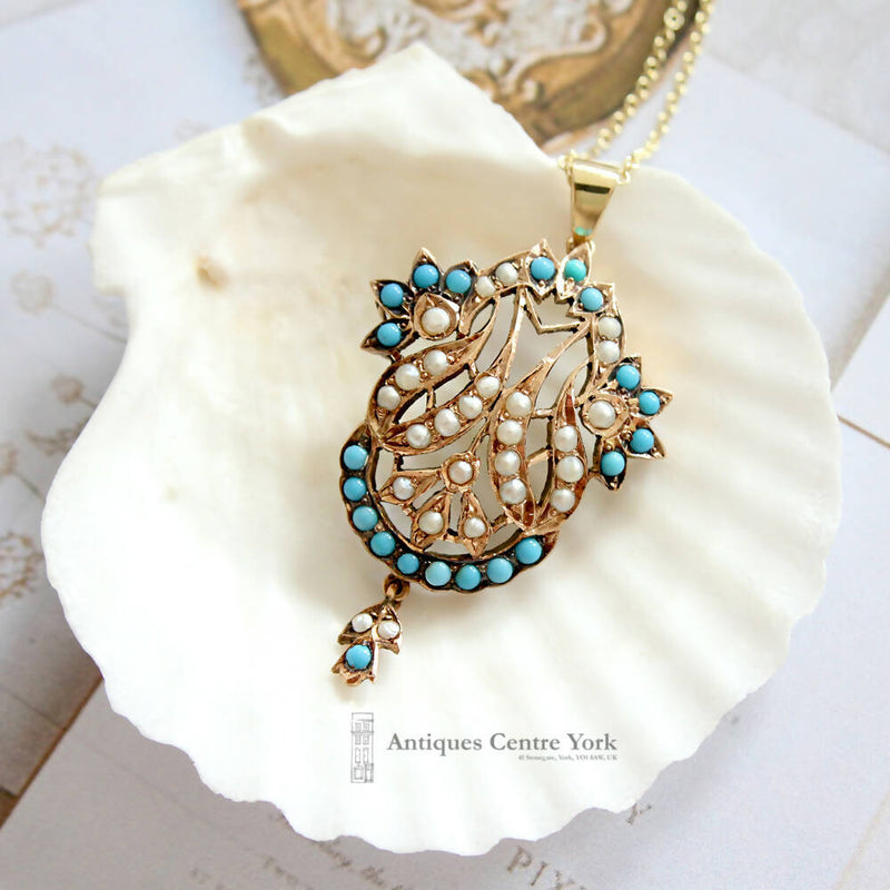 Victorian 10ct Turquoise & Pearl Pendant