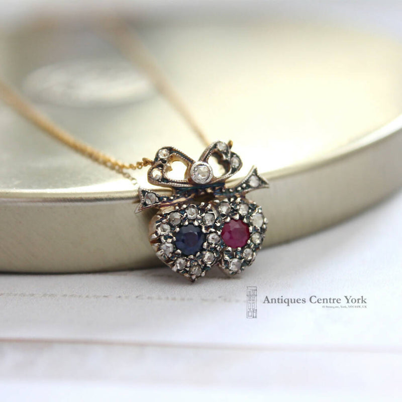 Victorian Style Ruby, Sapphire & Diamond Twin Hearts Necklace