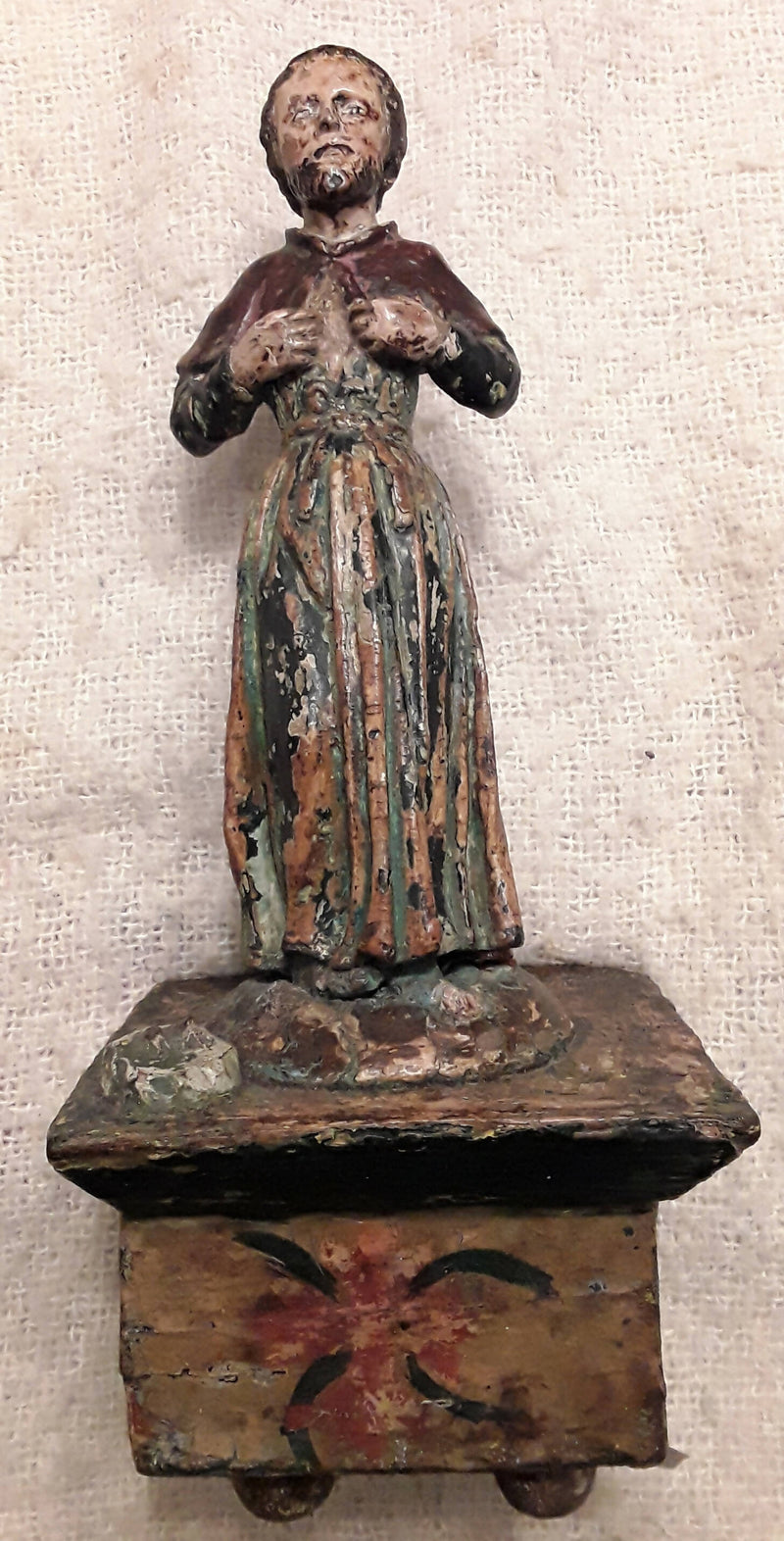 A Tudor Period Hand Carved Wooden Polycromed Figure Of A Saint.