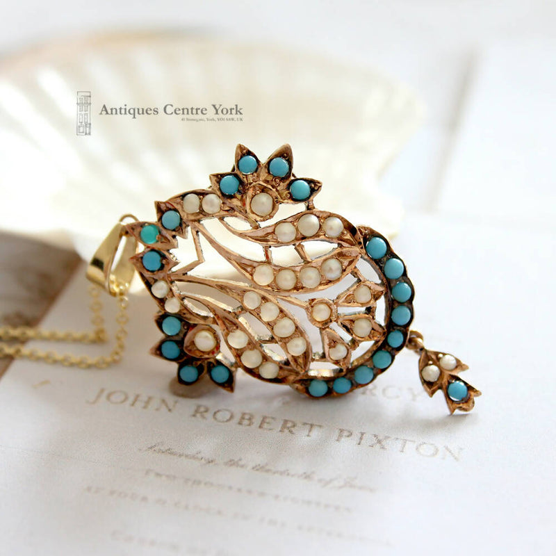 Victorian 10ct Turquoise & Pearl Pendant