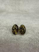 925 Silver Green Amber Oval Stud Earrings