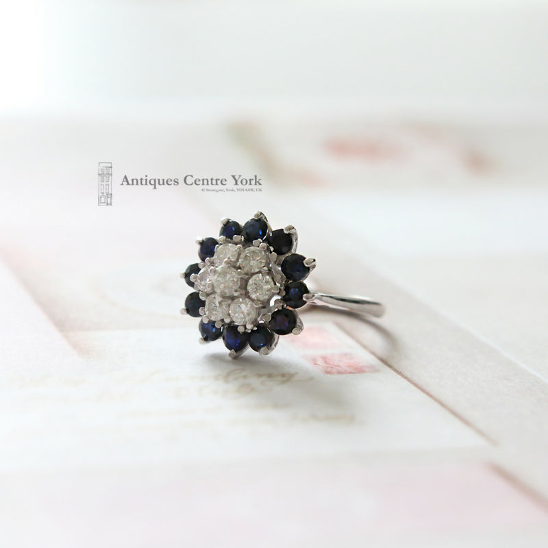 1970's 18ct White Gold Sapphire & Diamond Cluster Ring