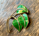 Modern Mid Century Sterling Silver Theodor Olsen Efterfolger Emerald Green Enamel Triple Leaf Brooch