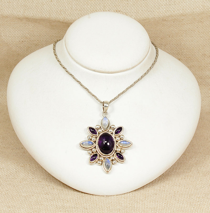 Silver Moonstone & Amethyst Impressive Pendant & Chain