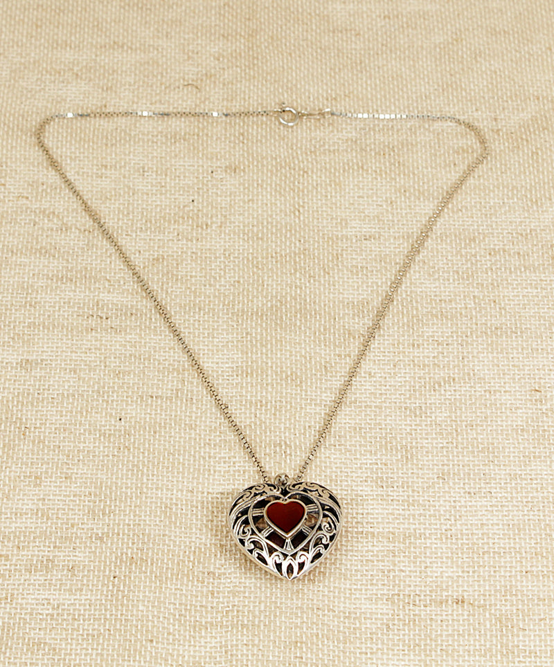 Silver & Carnelian Large Heart Pendant & Chain