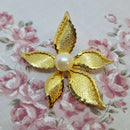 Vintage Gold-Tone & Faux Pearl Flower Brooch
