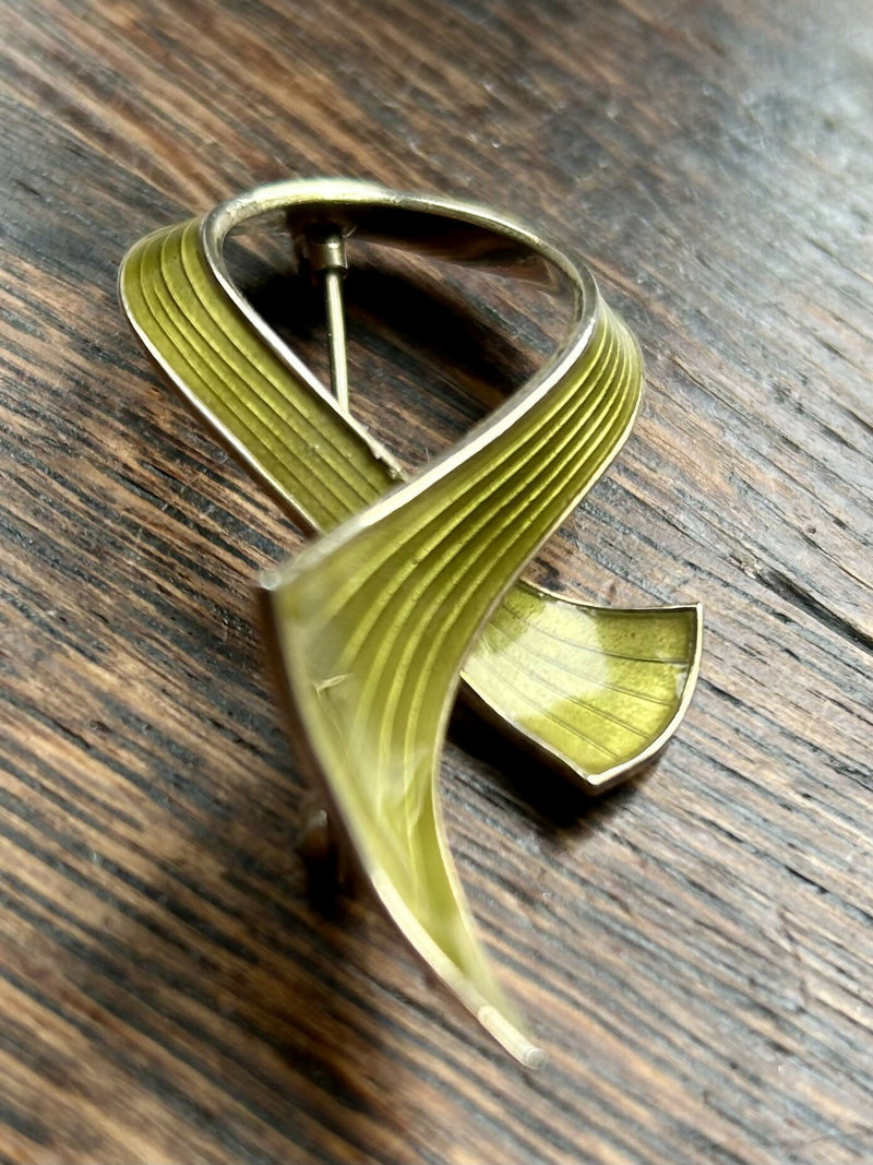 Modern Mid Century Norwegian Ivar T Holmsen Sterling Silver Leaf Green Enamel Brooch