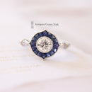 Art Deco Style 18ct White Gold Sapphire & Diamond Ring 0.66ct