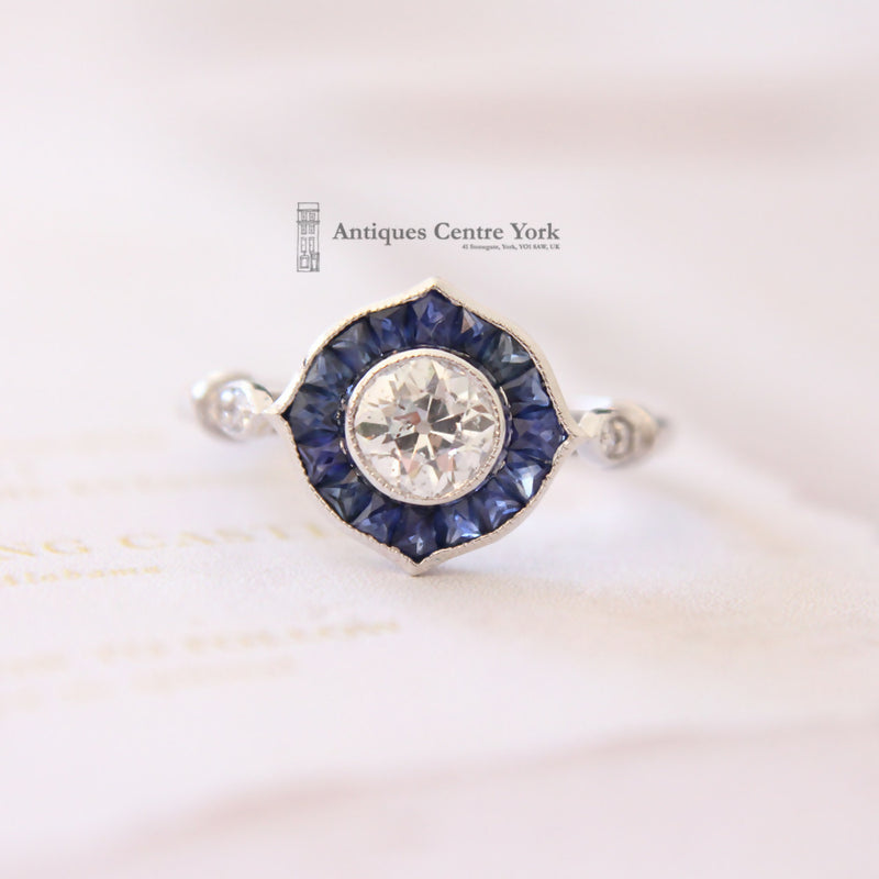 Art Deco Style 18ct White Gold Sapphire & Diamond Ring 0.66ct