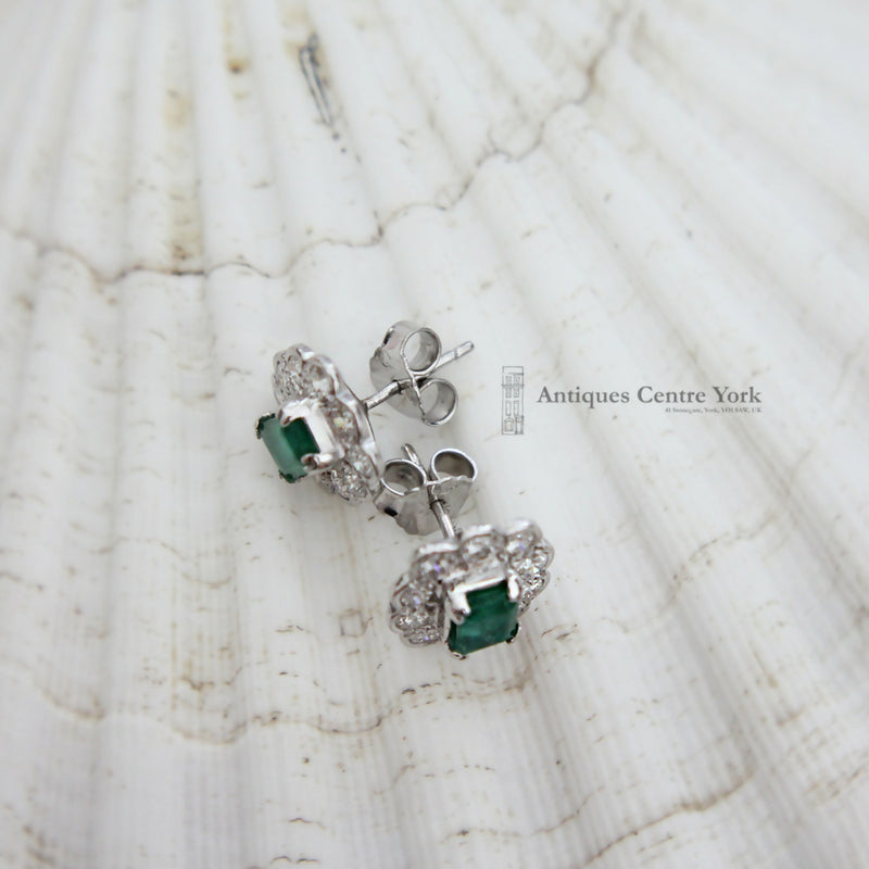 9ct White Gold Emerald & Diamond Cluster Earrings 0.80ct