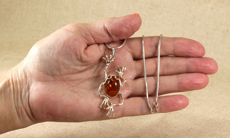 Silver and Amber Frog Pendant & Chain