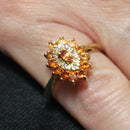 9ct gold orange sapphire and diamond three tier cluster ring