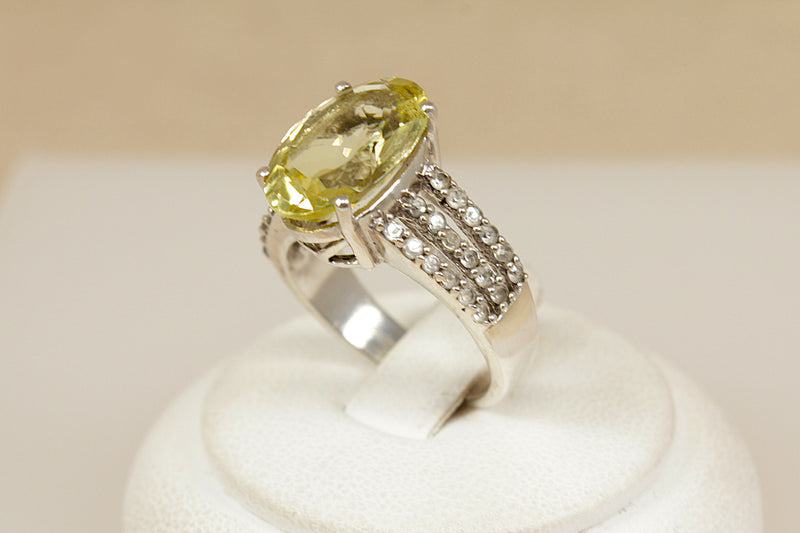 Silver Large Lemon Citrine and White Topaz Ring