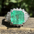 Vintage Platinum Colombian Emerald and Diamond Cluster Ring, Platinum 900, Emerald 1.11ct