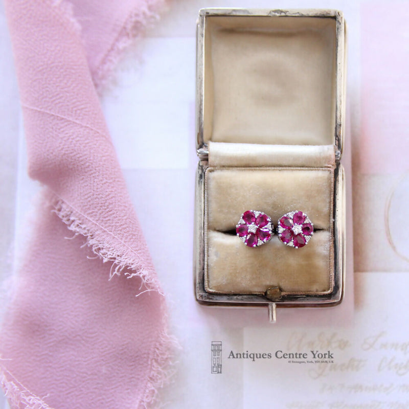18ct White Gold Ruby & Diamond Cluster Earrings by Luke Stockley London