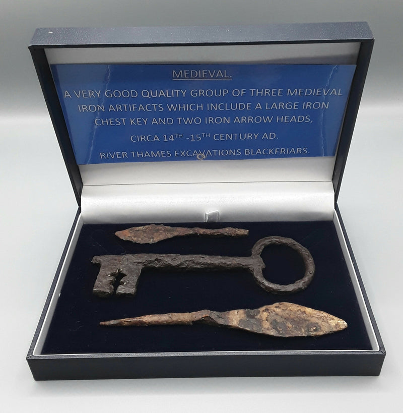 A Three Item Medieval Group Consisting Of A Key And Arrow Heads.