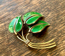 Modern Mid Century Sterling Silver Theodor Olsen Efterfolger Emerald Green Enamel Triple Leaf Brooch