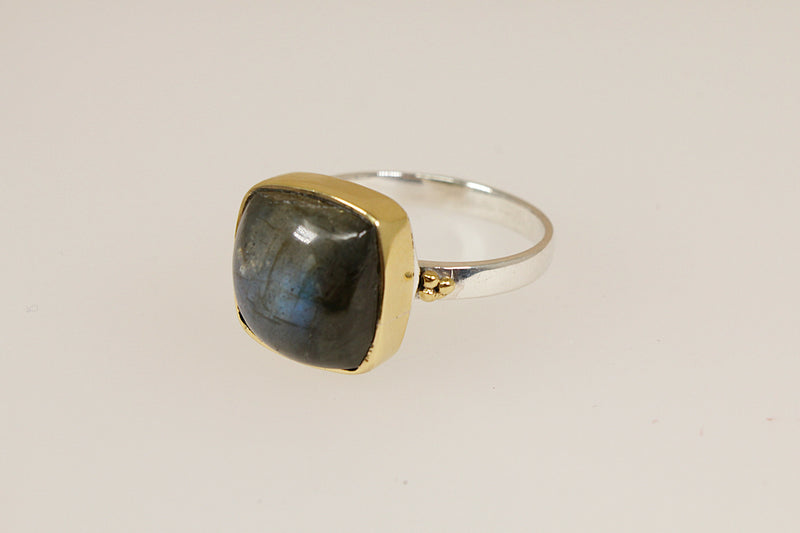 Silver & Labradorite Statement Ring with Gold Overlay Detailing