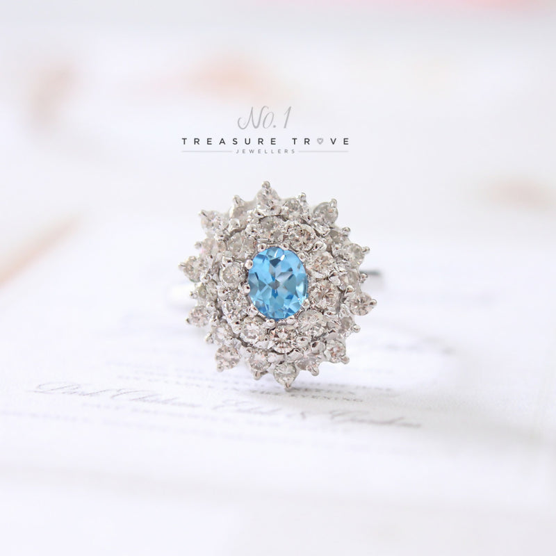 18ct White Gold Blue Topaz & Diamond Cluster Ring