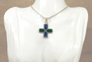Silver Italian Green & Blue Cross Pendant & Chain