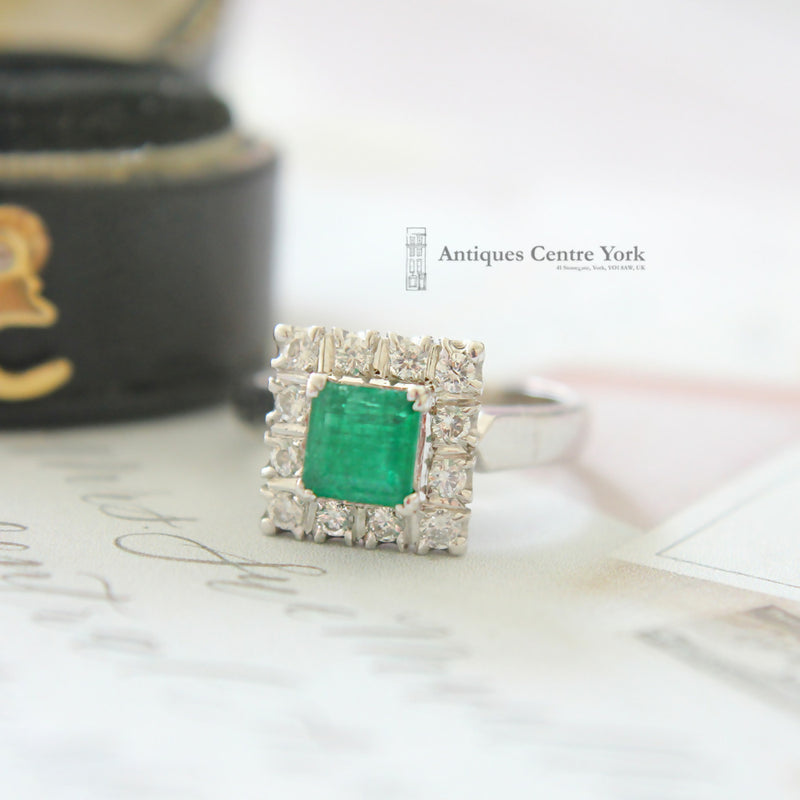 18ct White Gold Emerald & Diamond Square Cluster Ring