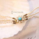 1980's Cultured Pearl 3 Row Necklace on Turquoise & Pearl Clasp