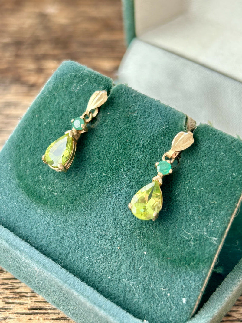 Hallmarked 9ct Yellow Gold Emerald & Peridot Drop Earrings