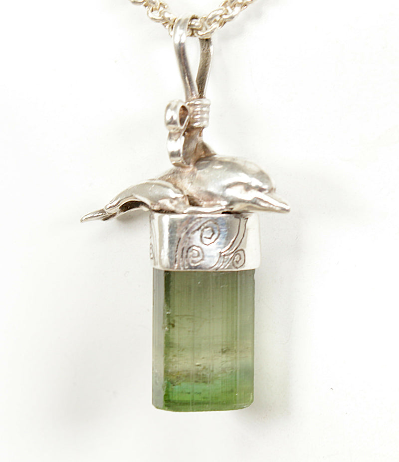 Vintage Silver & Tourmaline Designer Dolphin Pendant & Chain