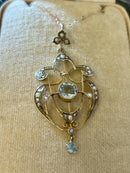 Art Nouveau Hallmarked 9ct Yellow Gold Aquamarine & Seed Pearl Pendant