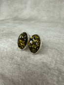 925 Silver Green Amber Oval Stud Earrings