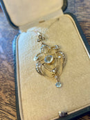 Art Nouveau Hallmarked 9ct Yellow Gold Aquamarine & Seed Pearl Pendant