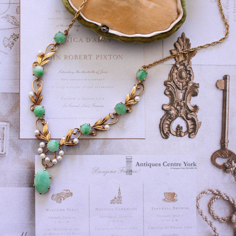 1960's 9ct Jade & Cultured Pearl Necklace by Cropp & Farr