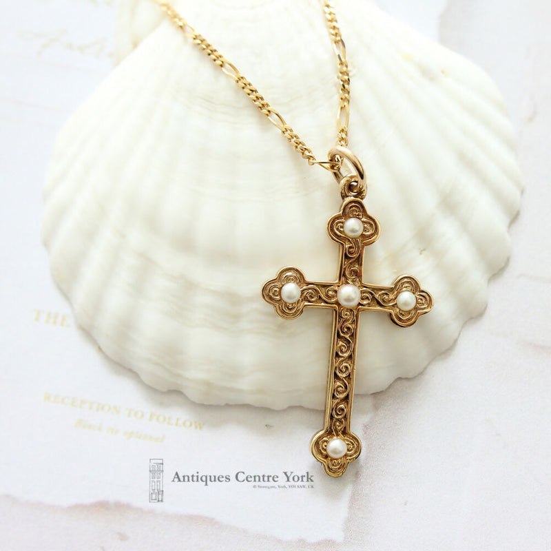 1990's 9ct Gold & Pearl Celtic Cross & Chain