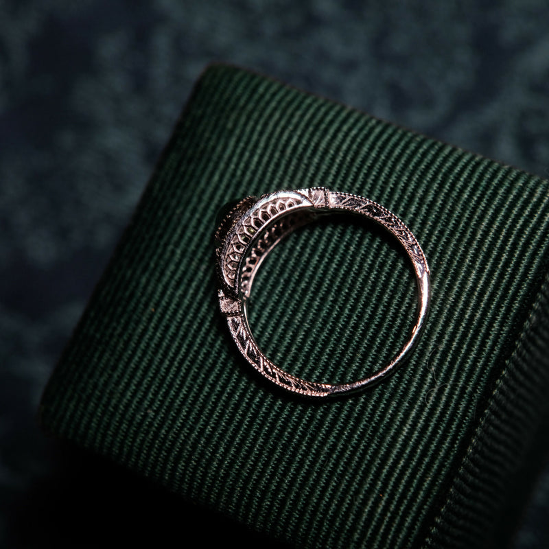 Art Deco Style Platinum Pt950 Emerald Cabochon Diamond and White Topaz Ring With Engraved Details Size K