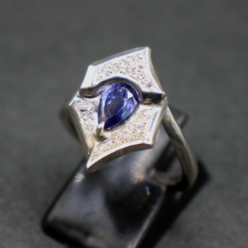 Jake: Pear shaped tanzanite colour cz, silver ring