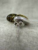 925 Silver Green Amber Oval Stud Earrings