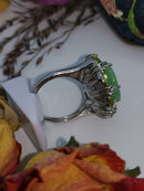 Copy of New Green Jade, Peridot and Natural Cambodian White Zircon Carved Jade Ring (Size P) in Rhodium Overlay Sterling Silver