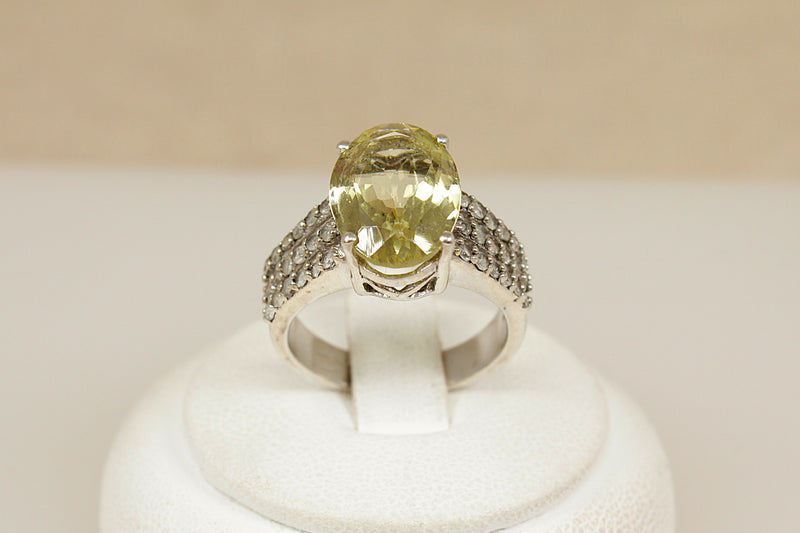 Silver Large Lemon Citrine and White Topaz Ring