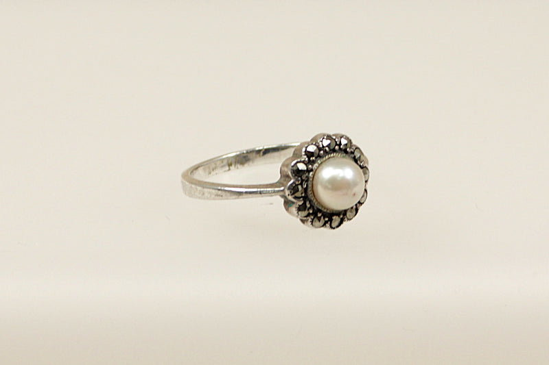 Silver, Marcasite & Faux Pearl Ring