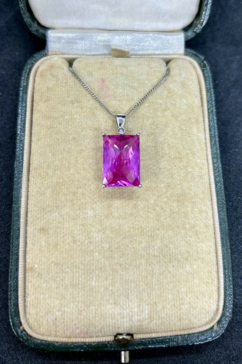 Hallmarked 9ct White Gold Facet Cut Pink Tourmaline & Diamond Pendant