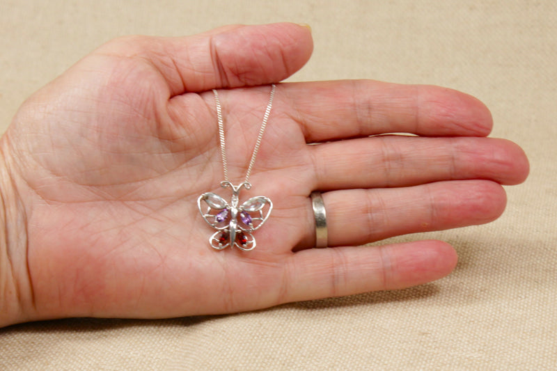 Silver & Multi Gem Butterfly Pendant & Chain