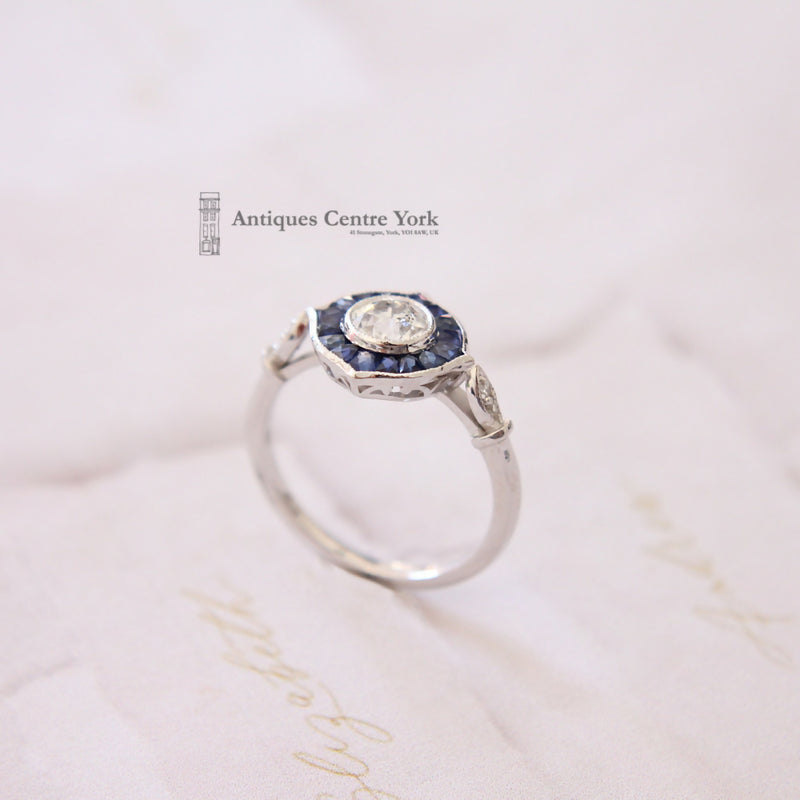 Art Deco Style 18ct White Gold Sapphire & Diamond Ring 0.66ct